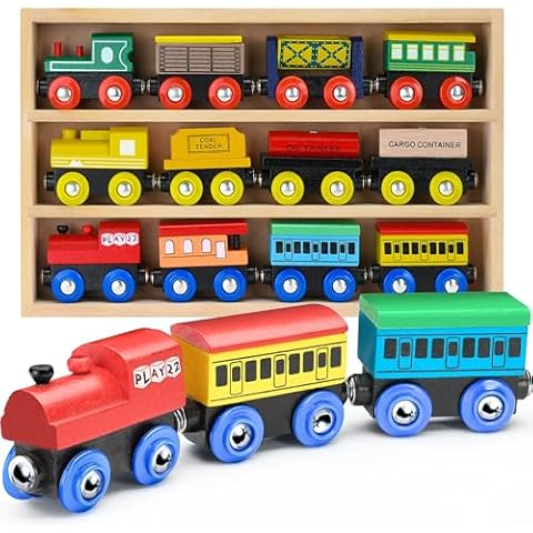 Wooden Train Set 12 PCS - Train Toys Magnetic Set Includes 3 Engines - Toy Train Sets For Kids Toddler Boys And Girls - Compatible With All Major Brands - Original - By Play22 Cover