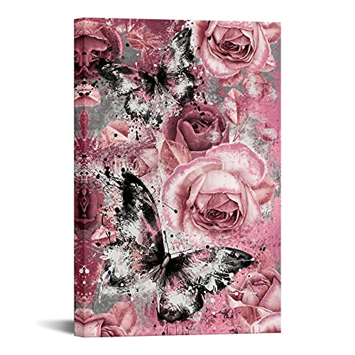 Fushvre Pink And Black Wall Decor Pink Butterfly And Rose Canvas Art Painting Dusty Flower Pictures For Bedroom Framed #TOP10