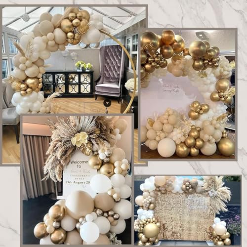 Image of Bliss & Bow Latex Balloon Arch Kit | Sand White, White and Gold Chrome Balloons with Arch Tape, Glue Dots and Happy Birthday Banner for Party Celebration Decor | Ideal Party Decor Set (90 Piece)