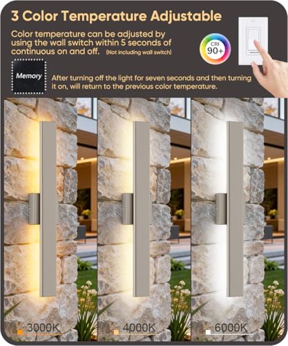 Image of Aipsun 2 Packs Nickel Outdoor Wall Light 23.6inch Modern LED Exterior Wall Sconce, Long LED Linear Exterior Lights 3000K 4000K 6000K for Entrance, Hallway, Garage, Porch(3CCT)
