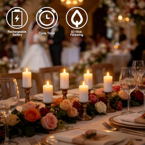 Image of 4.5 inch Rechargeable Flameless LED Pillar Candles with 10-Key Remote and Timer, 6 Pack White Real Wax 3D Wick Flickeing Votive Candles with Charging Plate&USB Cable Christmas Holiday Decor