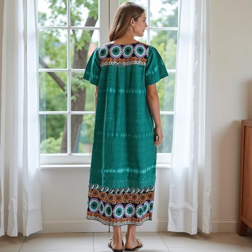 Women's Short Sleeve Teal Lounger House Dress - Contrast Yoke and Hem with Pockets3