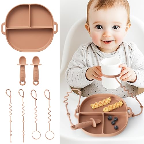 YIVEKO Baby Plates with Suction Silicone Baby Spoons Divided Baby Plates Silicone Baby Safety Toy Straps Baby Bottle Bungees Baby Feeding Set All-in-one-Brown