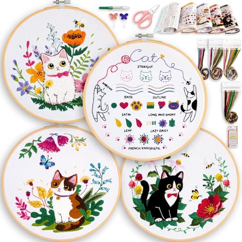 ZWZRAFT Embroidery Kit for Beginners, 4 Sets Cat Embroidery Kits,