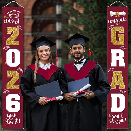 Image of Graduation Decorations 2026 Banner Porch Sign Maroon Burgundy Red Gold for Class of 2026 Graduates Party Supplies