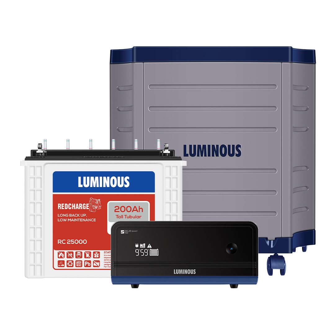 Luminous Inverter & Battery Combo with Trolley for Home, Office & Shops (Zelio+ 1100 Pure Sine Wave Inverter, RC 25000 200 Ah Tall Tubular Battery) - Blue
