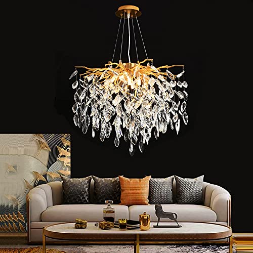 HJCKJSMEOU Lámpara de araña Moderna de Cristal con Forma de Ramas de árbol, Redonda y Dorada, Colgante de 60 cm para Comedor, Sala de Estar y Dormitorio, 9 Luces.