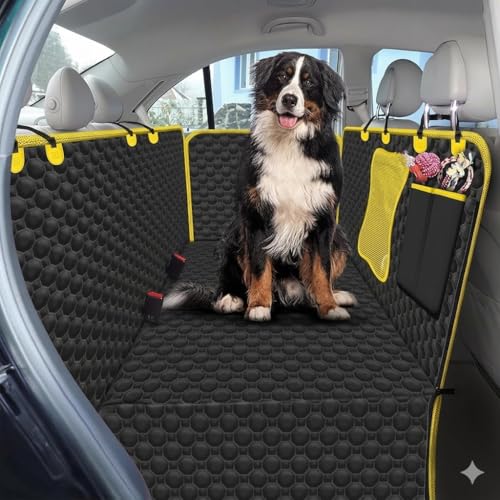 Image of Dog Car Seat Cover -Scratchproof Protector -Waterproof Backseat Cover for Cars -Nonslip Dog Accessories with Mesh Window-Universal Fit for Cars, Trucks, SUVs (Yellow, Flat Bone Mesh Car Seat Cover)