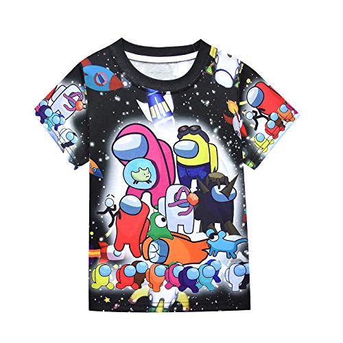 Among Us Tshirts for Boys Casual Tee Tops Imposter Kids Classic Cotton T-Shirts Short Sleeve Teen Boy Cartoon Print Black Shirts Summer Clothes Graphic Outfits Game Merch Cosplay (170/10-12Y)