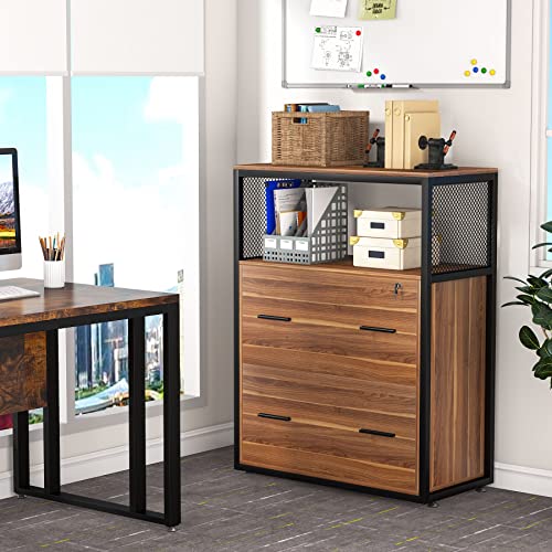 Tribesigns Way To Origin 2 Drawer File Cabinet With Lock, Large Lateral Filing Cabinet For Letter/Legal / A4 Size, Wood Printer Stand With Open Storage Shelves For Homeoffice (Brown) #TOP2