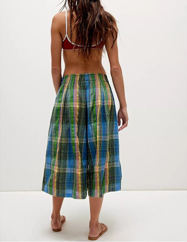 Womens Summer Boho Wide Leg Culotte Pant Elastic Waisted Colorful Plaid Capri Pants with Pockets2