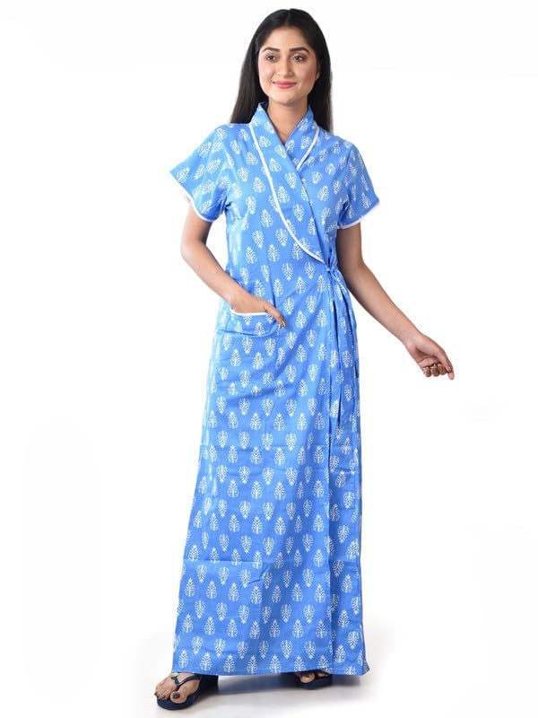 being beauty Women’s Cotton Housecoat – Maternity Gown, Nighty, Robe for Women - (White & Blue)-picture-39