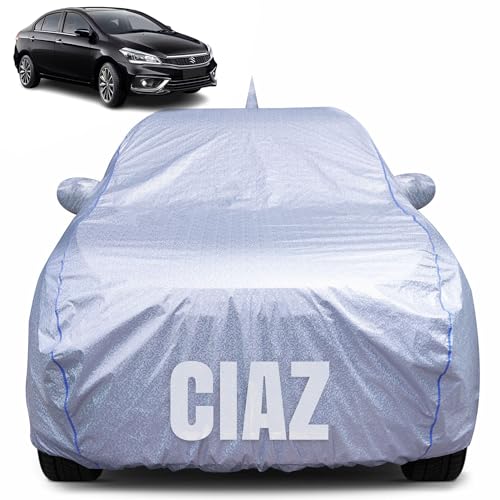Image of 100% Waterproof Car Body Cover for Maruti Suzuki Ciaz with Mirror Pocket, Heat & UV Resistant, Triple Stitched, Soft Lining, Bottom Elastic & Piping (Silver Reflective)