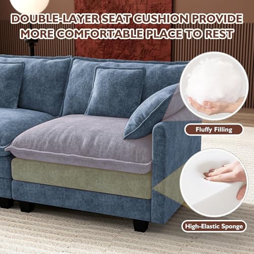 Image of Ihanherry 114 inch V-Shaped Modern Sofa Modular Sectional Cloud Couch with Corner Section, 5-Seat Chenille Deep Seat Sofa with 5 Pillows for Living Room, Bedroom and Apartment, Blue