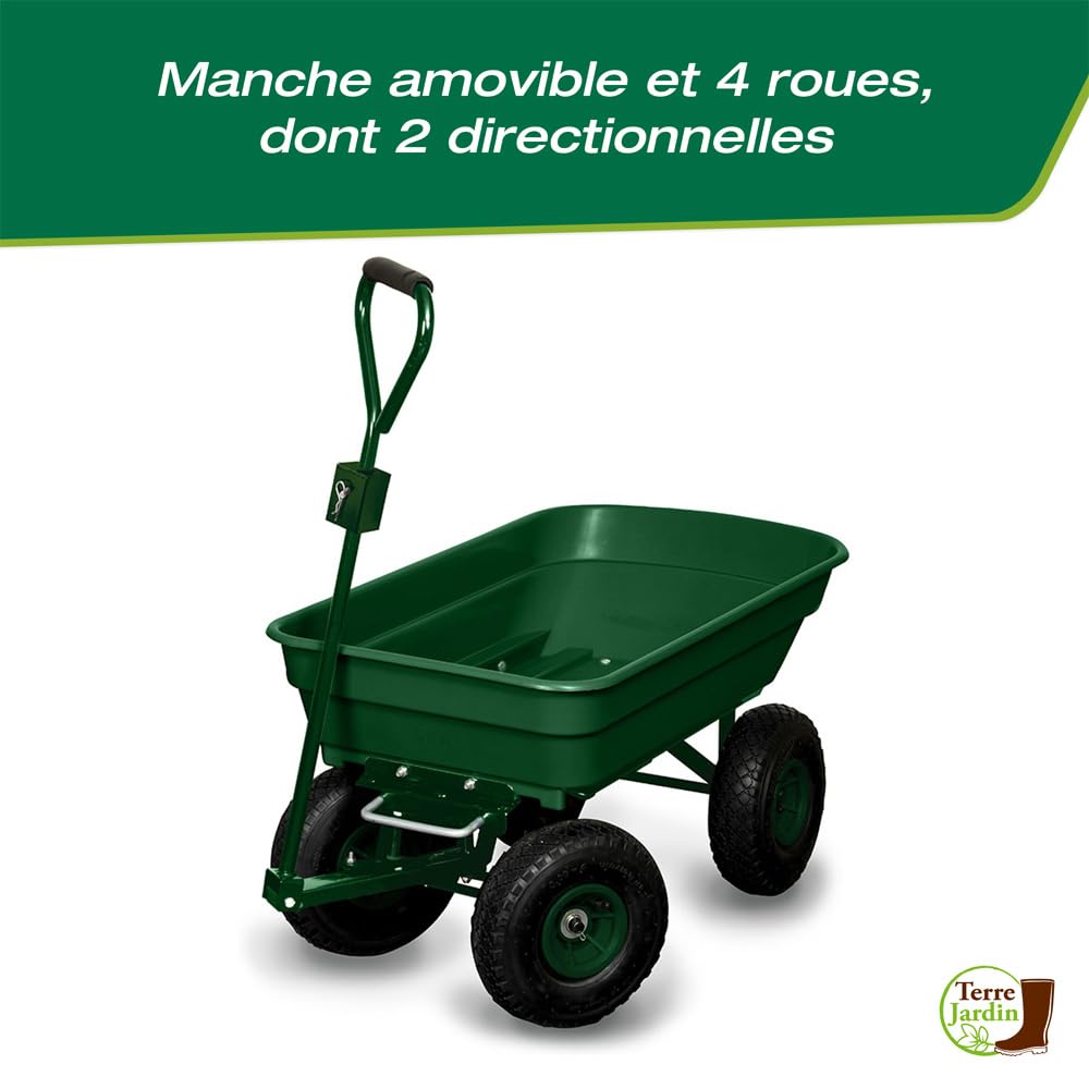 TERRE JARDIN Brouette de Jardin 4 Roues gonflables 120 Kg, Benne Basculante 52 L, Chariot à Bois bûche, Transport Bois de Chauffage, Remorque Attelage intégré - Capacité Basculée 80 Kg