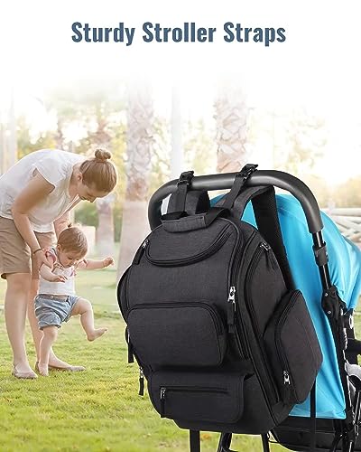Mancro Diaper Bag Backpack, Multifunctional Dad Diaper Bag with 2 Side Insulated Pockets, Travel Water Resistant Baby Diaper Backpack for Men Women with Stroller Straps, Black - Thumbnail 7