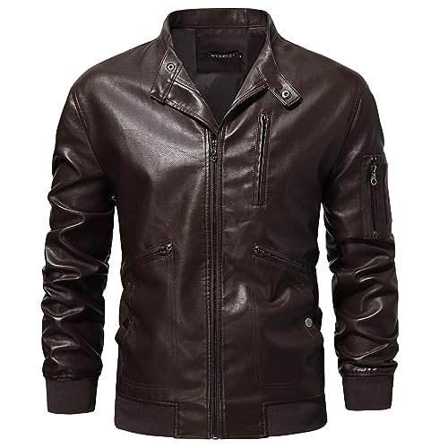 【OF ALL FORM】POCKET DETAIL LEATHERBOMBER WULFUL Men's Faux Leather Jacket Stand Collar Lightweight