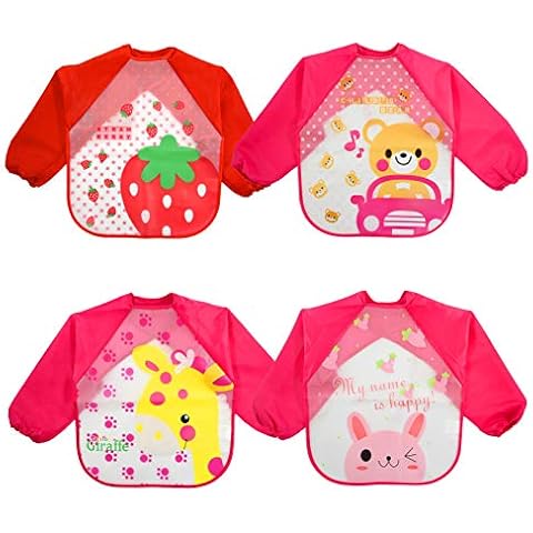 JinBei Bibs With Sleeves 4 Pcs Baby Waterproof Long Sleeves Weaning Bib Apron Infant Toddler Feeding Eating Washable Large Kids Girls EVA Painting Playing Bibs Babies 6 Months to 3 Years Cover