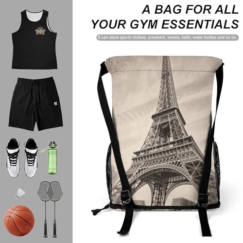 Eiffel Tower Pattern Drawstring Backpack, Dry Wet Separate Gym Bag Unisex Sports Drawstring Bag for Work, Fitness3