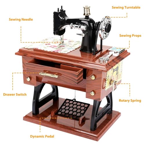 Image of AUGEN Exclusive Music Box Musical 360 rotatable Carousel Children's Wooden Men and Women Birthday Creative Christmas Valentine's Day Gift Home Decoration (Sewing Machine)