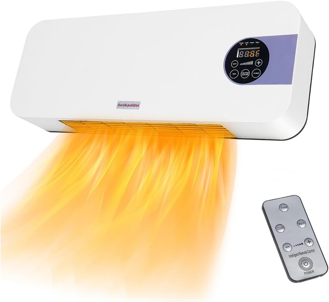 Wall Mounted Heater 1500W PTC Ceramic Electric Space Heater with Remote, LED Display, Adjustable Thermostat, Overheat Protection, Timer, Low Noise