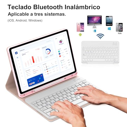 Teclado Bluetooth extraíble español Ñ para Samsung Tab S10 Lite y S9 FE con funda protectora rosa 5
