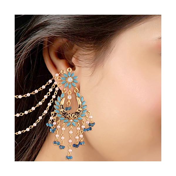 I Jewels Gold Plated Traditional Meenakari Kundan Pearl Drop Earrings With Pearl Hair Chain For Women & Girls - Image 3