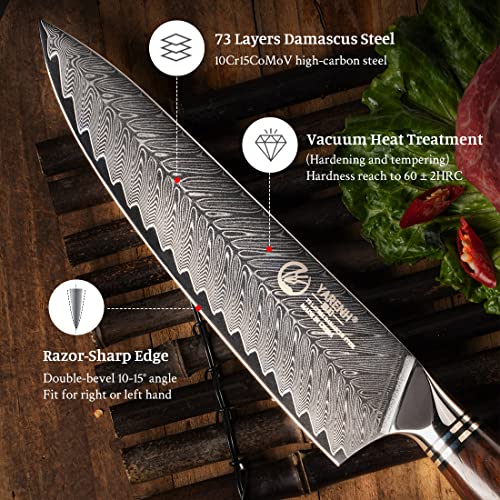 YARENH Damascus Chef Knife 8 Inch with Sheath, Professional Kitchen Knife, 73 Layers Damascus High Carbon Steel, Full Tang Sandalwood Handle, FYW Series - Image 5