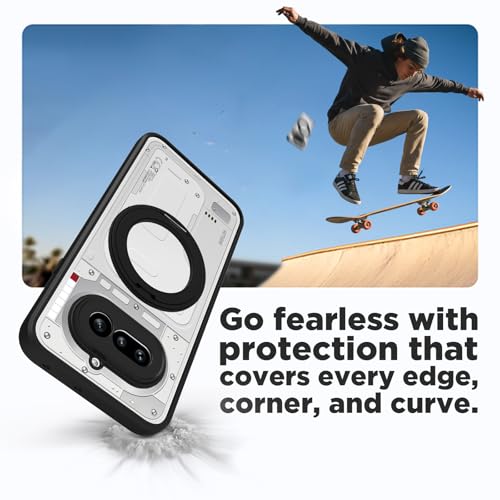 Image of RIGGEAR Shockproof Sleek Hybrid Armor 360 Rotating Magnetic Ring Stand Back Cover Case Compatible with MagSafe Accessories for Nothing Phone 4a 5G(Clear PC + Black TPU Bumper)