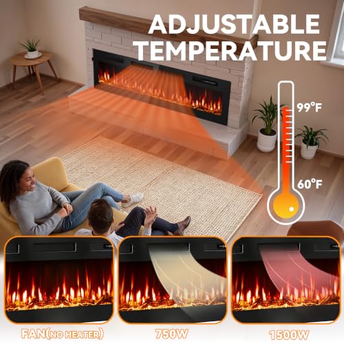 Image of Tehanld 72 inch Ultra-Thin Electric Fireplace Heater, Recessed Wall Mounted | 60-99F Thermostat, 0 /750 /1500W, Child Lock, Realistic Flame, Log & Crystal, Linear Design for Large Room Built-in