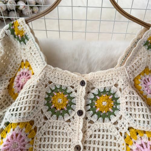 Women Square Neck Button-Up Crochet Top Short Sleeve Knit Crop Cardigan Fairycore Summer Casual Daily Outfit Blouse4