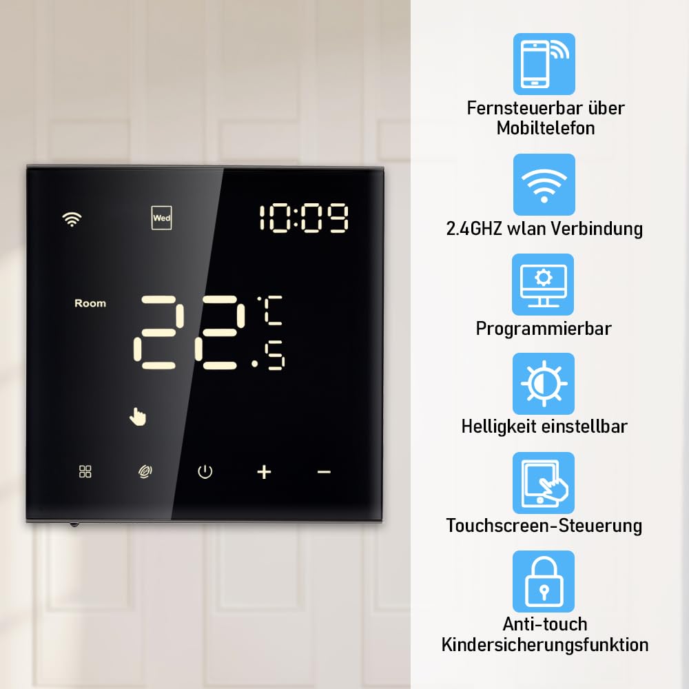 Thermostat Connecté WiFi Chauffage de l'eau Thermostats d'Ambiance Programmable Régulateur de Température Mural avec LCD Numérique Compatible Tuya 3A,Noir