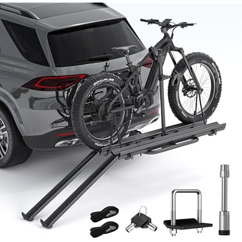 ASOPARTS 2 EBike Rack with Ramp, 2" Hitch Mounted Lockable & Foldable Bike Racks, Up to 3-5'' Fat Tire Carrier for Standard and Electric Bicycles, 200lbs Capacity E-Bike Rack for SUV Car Truck Van RV Cover