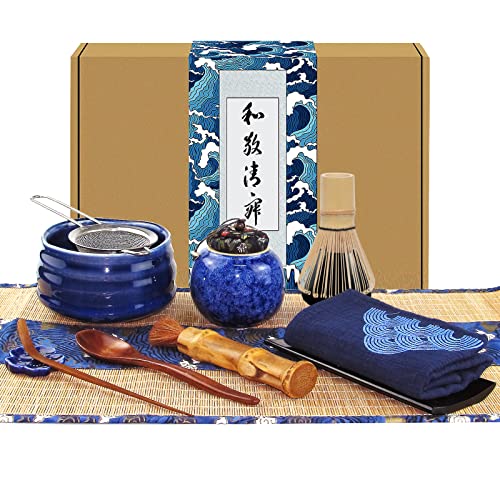 Artcome Juego de 12 piezas de té matcha japonés, cuenco matcha, batidor matcha, cepillo de bambú y pantalla de bambú, kit de ceremonia Matcha hecho a mano para ceremonia de té tradicional japonés