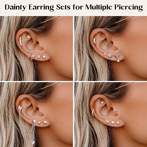 27 Pcs Flat Back Earrings Hypoallergenic Surgical Steel Cartilage Stud Earring Stacks Set for Mutiple Piercing Dainty Chain Dangle Conch Tragus Daith Helix Piercing Jewelry for Women Men Trendy 16G4