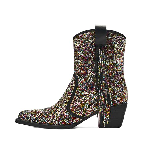 Tsrenlmln Ankle Boots for Women Pointed Toe Rhinestone Western Cowboy Slip-On Short Boots2