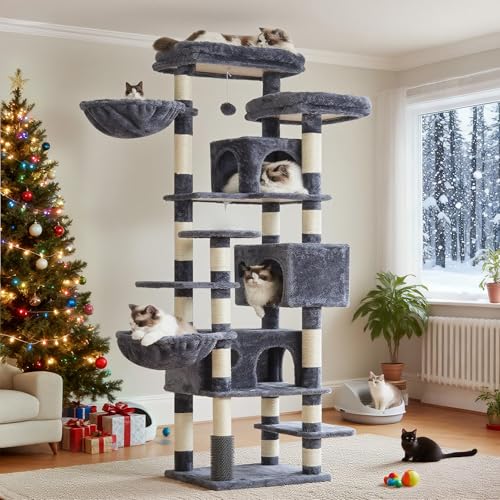 Hey-brother Cat Tree, 74 inches Multi-Level XL Large Cat Tower for Indoor Cats with Three Cat Condos, Two Large Top Decks and Cat Hairbrushfor Kittens, Cats and Pets, Smoky Gray MPJ035-MG