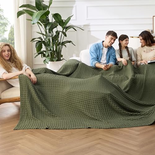 Image of Bedsure Cooling Cotton Waffle Oversized King Blanket - Lightweight Breathable Rayon Derived from Bamboo for Hot Sleepers, Luxury Throws for Bed and Sofa, Olive Green, 120x96 Inches