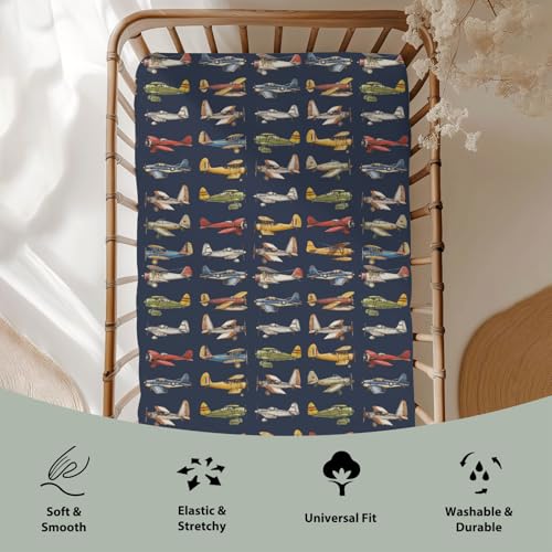 Image of Vintage Planes Airplanes Helicopters Baby Crib Sheets Boy Girl 28 inchx52 inch Navy Plane Models Aircraft Soft Stretchy Fitted Crib Mattress Cover Baby Sheet for Standard Crib & Toddler Mattress Pad