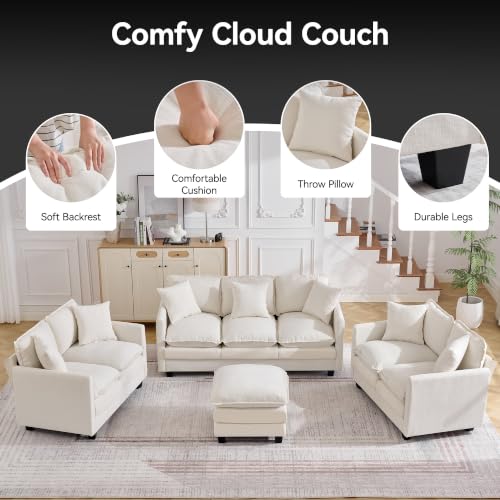 Image of 30'' Cloud Single Couch with Ottoman, Cloud Sofa with Throw Pillow, Modern 1 Seater Reading Chair with Deep Seat, Accent Chairs for Living Room, Bedroom, Small Apartment, Beige