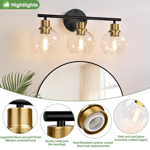 Image of Indoi 3-Light Bathroom Light Fixtures, Black and Gold Bathroom Lights Over Mirror with Clear Glass Globe Shade, Vanity Lights for Bathroom Kitchen Living Room Hallway Cabinet Bedroom Porch