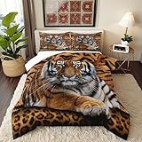 Manfei Tiger 3D Print Comforter Set Queen Size Wild Animals Bedding Set 3pcs for Kids Teens Room Decor,Animal Fur Quilt Set Soft Breathable Duvet Insert with 2 Pillowcases