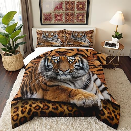 Manfei Tiger 3D Print Comforter Set Queen Size Wild Animals Bedding Set 3pcs for Kids Teens Room Decor,Animal Fur Quilt Set Soft Breathable Duvet Insert with 2 Pillowcases