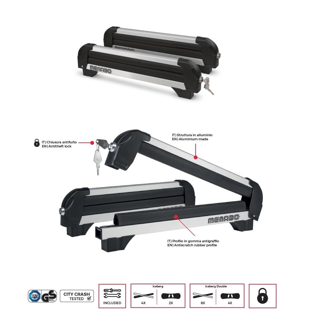 COMPATIBILE CON ALPINE PORTASCI PER BARRE DA TETTO AUTO PORTA SCI ICEBERG 4 IN ALLUMINIO OMOLOGATO ATTACCO PER 4 PAIA DI SCI O 2 PORTA SNOWBOARDS MAX 28KG