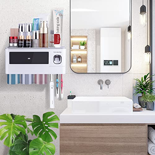 Toothbrush Holders For Bathrooms Wall Mounted, Yoobure Automatic Toothpaste Dispenser For Kids, Electric Tooth Brush Holder With Storage Drawer & 6 Toothbrush Slots With Cover (3 Cups) #TOP6