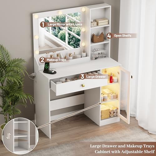 Image of Wodeer Small Makeup Vanity Desk with Mirror and Lights, Vanity with Glass Cabinet, LED Lights & Power Outlet, Drawer & RGB Glass Cabinets, Adjustable Lighted Dressing Table for Women & Girls Bedroom