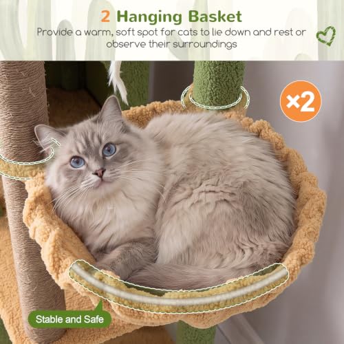 Image of Globlazer Cat Tree Tower for Indoor Cats, Sturdy Adult Cat Tree House for Large Adult Cats with 2 Platform, 6 Cat Scratching Post, 2 Cat Caves, Dangling Toys, S63, 63 inch, Green