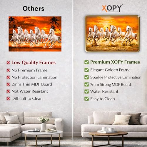Image of XOPY Seven Running Horses with Golden Frame | Vastu 7 horses Raw Pyrite Painting for Home, Office & Living Room Wall Decore | 12X18 Inch Sparkle Laminated Frame | Best For Gifting (53303, 12X18)