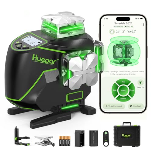 Niveaux Laser, Huepar S04CG Niveau Laser Auto-Nivelant Écran LCD, Bluetooth Faisceau Vert Ligne Croisée Outil Laser Pour Carrelage,Télécommande & Étui de Transport (S04CG)