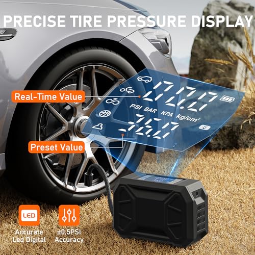 Image of Pumptiva Tire Inflator Portable Air Compressor, 3X Faster Portable Tire Inflator for Car 150PSI Air Pump for Car Tires with LED Light, Auto Shut-Off for Motorcycle, Bicycle, Bike, Ball (Dark Grey)